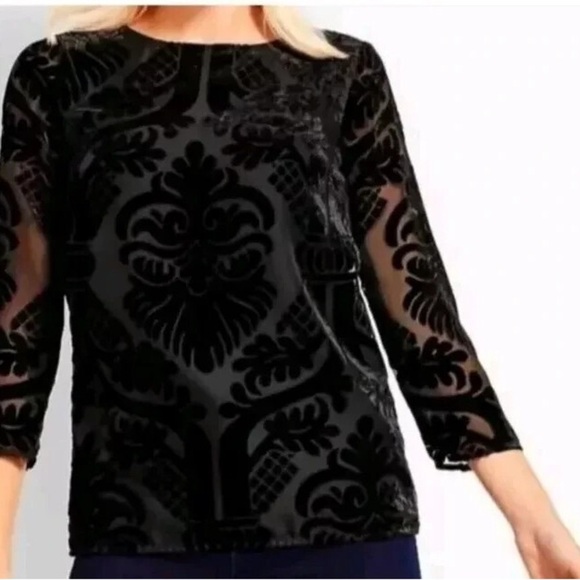 Talbots black velvet paisley burnout top with sheer arms Small - Picture 3 of 13